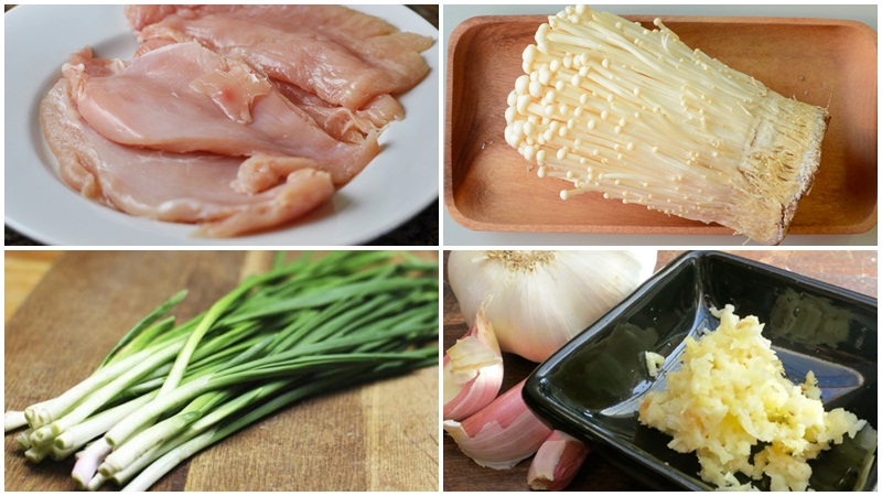 Nguyên liệu làm món thịt gà xào nấm kim châm