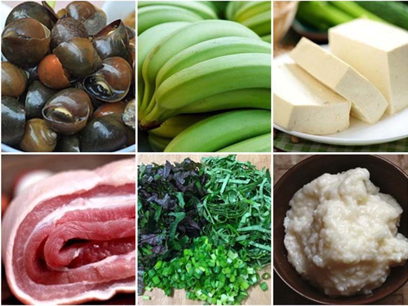 Nguyên liệu làm ốc nấu chuối đậu ba chỉ