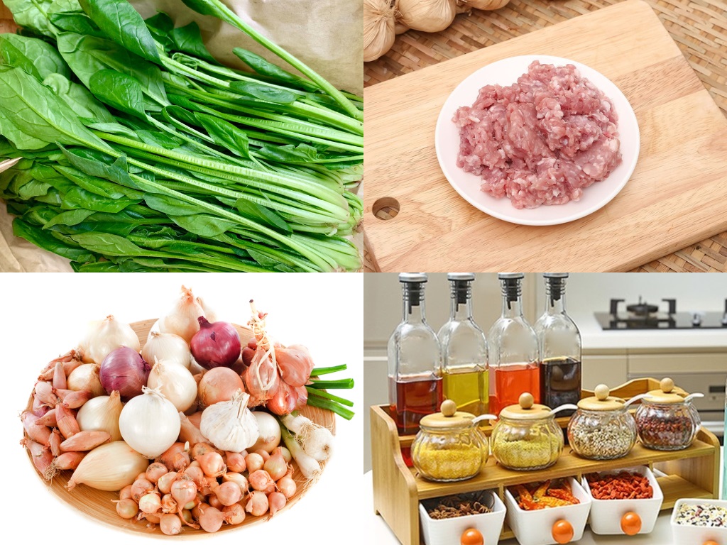 Nguyên liệu cần chuẩn bị nấu cháo thịt heo cải bó xôi